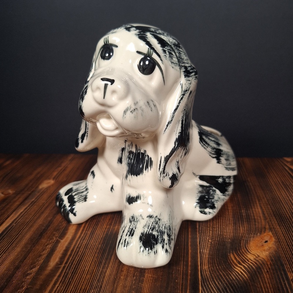 Vtg Cocker Spaniel Puppy Heavy Ceramic Planter 7.5" x 6" Black White Dog Pot